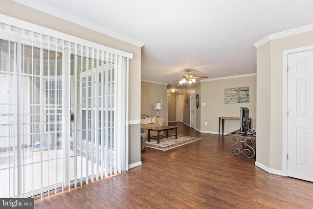2504 Shelley Cir Unit 1B, Frederick, MD 21702 - living room with baseboards, wood finished floors, crown molding, and a ceiling fan