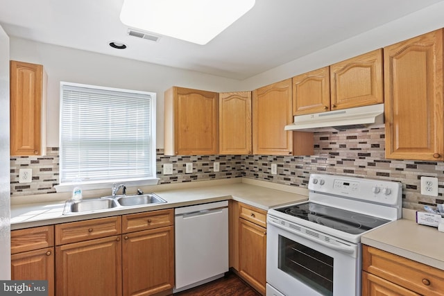 2504 Shelley Cir Unit 1B, Frederick, MD 21702 - kitchen with white appliances, under cabinet range hood, a sink, and backsplash