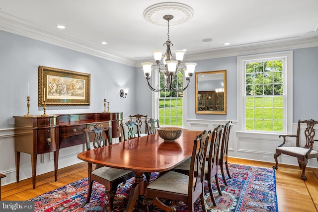 5835 Ridgeview Dr, Doylestown, PA 18902 - dining space with a chandelier, wood finished floors, ornamental molding, and recessed lighting