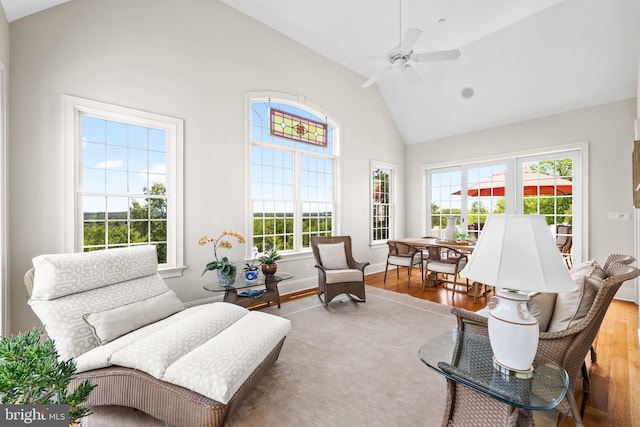 5835 Ridgeview Dr, Doylestown, PA 18902 - living area with wood finished floors, high vaulted ceiling, and ceiling fan