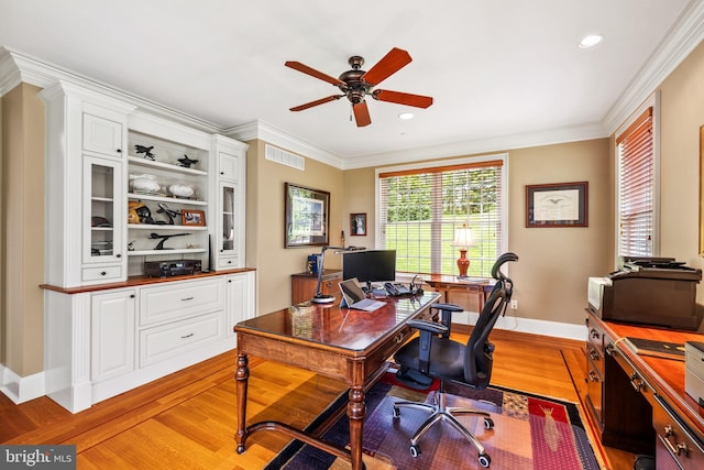5835 Ridgeview Dr, Doylestown, PA 18902 - home office featuring light wood-type flooring, ceiling fan, crown molding, baseboards, and recessed lighting