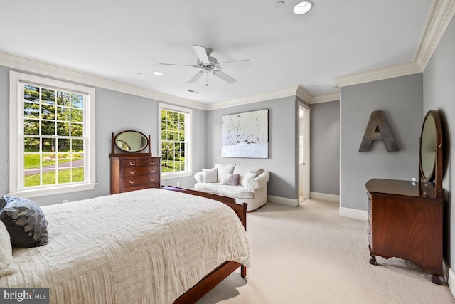 5835 Ridgeview Dr, Doylestown, PA 18902 - bedroom featuring baseboards, light colored carpet, ornamental molding, recessed lighting, and ceiling fan