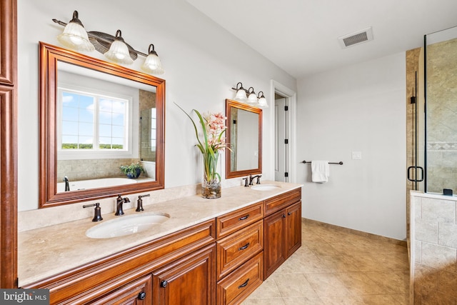 5835 Ridgeview Dr, Doylestown, PA 18902 - bathroom with a stall shower, double vanity, a bath, and tile patterned floors