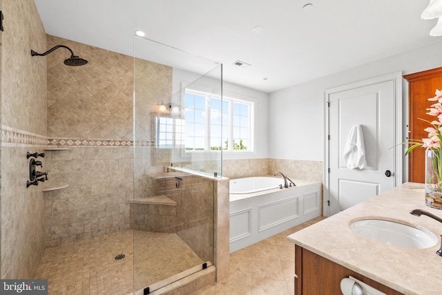 5835 Ridgeview Dr, Doylestown, PA 18902 - full bathroom with tiled shower, a bath, vanity, tile patterned floors, and recessed lighting