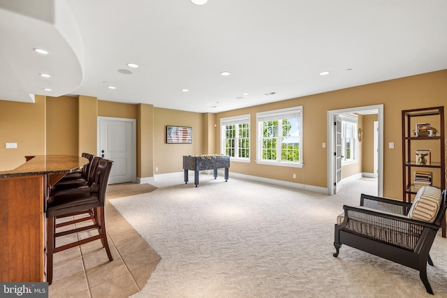 5835 Ridgeview Dr, Doylestown, PA 18902 - game room featuring light colored carpet, baseboards, recessed lighting, and light tile patterned floors