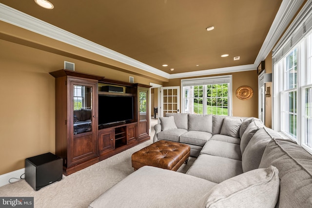 5835 Ridgeview Dr, Doylestown, PA 18902 - carpeted living room featuring crown molding, recessed lighting, and baseboards