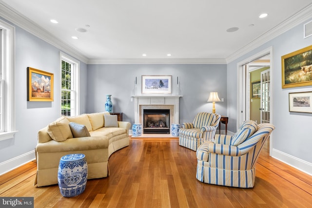5835 Ridgeview Dr, Doylestown, PA 18902 - living area with baseboards, wood finished floors, a glass covered fireplace, ornamental molding, and recessed lighting
