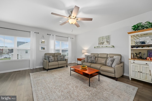 492 Parkland Dr, Stephenson, VA 22656 - living room featuring a ceiling fan, wood finished floors, and baseboards