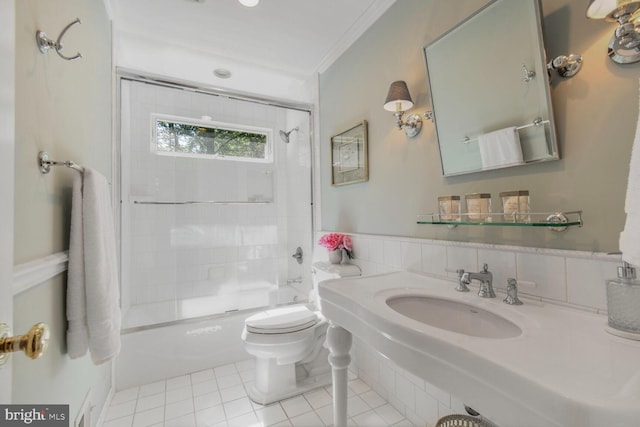 11801 Glen Mill Rd, Potomac, MD 20854 - bathroom with a sink, toilet, bathtub / shower combination, ornamental molding, and tile patterned floors