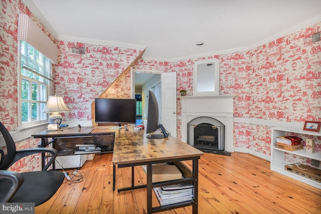 11801 Glen Mill Rd, Potomac, MD 20854 - office space with wallpapered walls, hardwood / wood-style floors, crown molding, a fireplace, and baseboards
