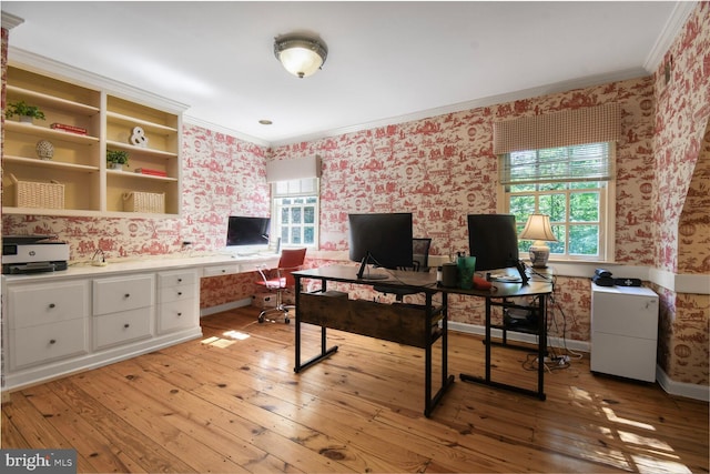 11801 Glen Mill Rd, Potomac, MD 20854 - office with wallpapered walls, crown molding, light wood finished floors, and baseboards