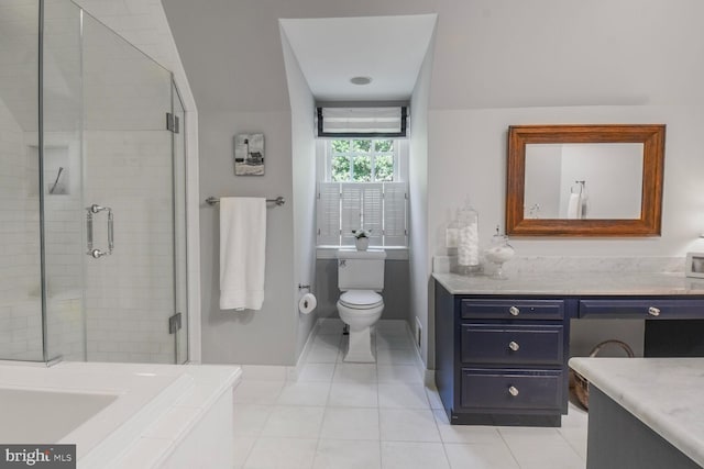 11801 Glen Mill Rd, Potomac, MD 20854 - bathroom featuring a shower stall, tile patterned flooring, vanity, baseboards, and toilet
