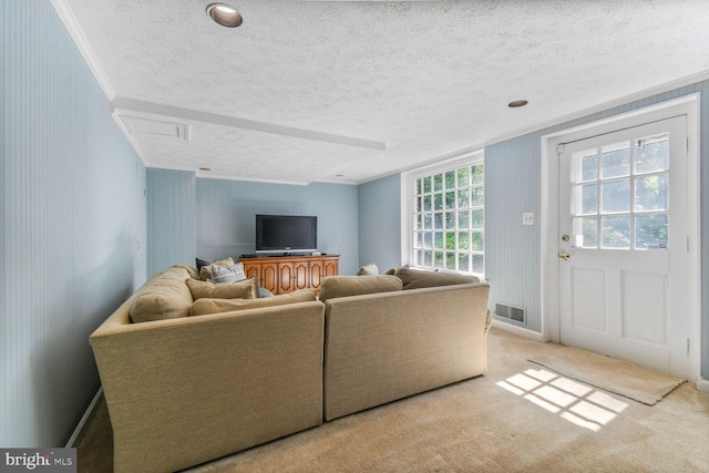 11801 Glen Mill Rd, Potomac, MD 20854 - living area featuring ornamental molding, a textured ceiling, carpet flooring, and baseboards