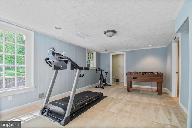 11801 Glen Mill Rd, Potomac, MD 20854 - exercise area with baseboards, a textured ceiling, ornamental molding, and carpet floors