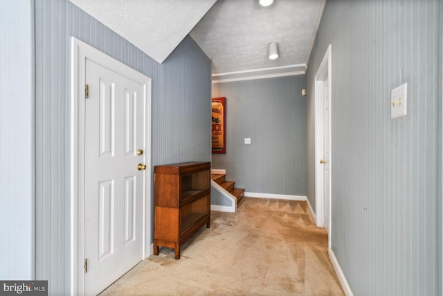 11801 Glen Mill Rd, Potomac, MD 20854 - corridor featuring light colored carpet, baseboards, and stairs