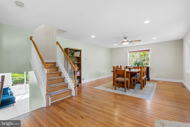28 New Rd, Doylestown, PA 18901 - dining area featuring light wood-style floors, stairway, a ceiling fan, baseboards, and recessed lighting