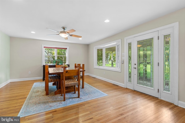 28 New Rd, Doylestown, PA 18901 - dining area with baseboards, light wood finished floors, ceiling fan, and recessed lighting