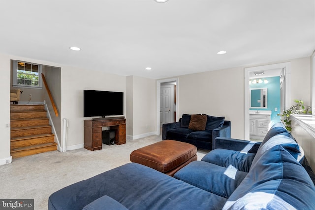 28 New Rd, Doylestown, PA 18901 - living room with stairs, carpet flooring, baseboards, and recessed lighting