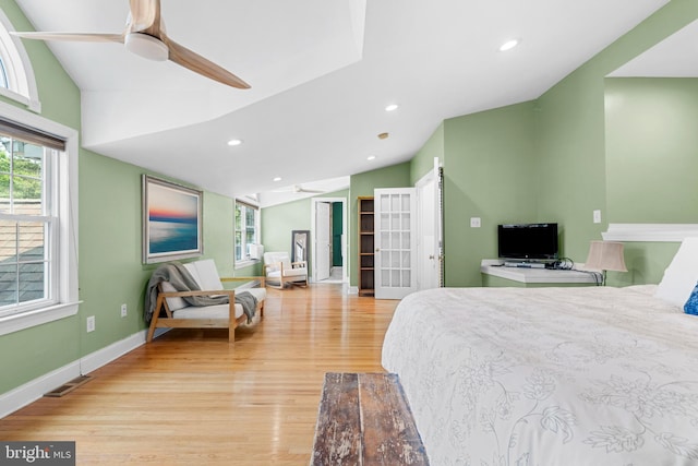 28 New Rd, Doylestown, PA 18901 - bedroom featuring vaulted ceiling, light wood finished floors, recessed lighting, baseboards, and a ceiling fan