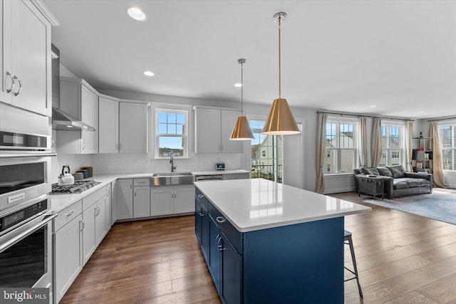 17968 Ridgewood Pl, Round Hill, VA 20141 - kitchen with a sink, blue cabinets, dark wood-type flooring, a center island, and tasteful backsplash