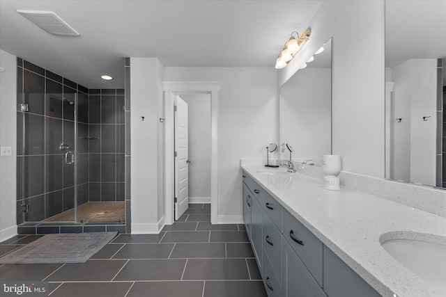 17968 Ridgewood Pl, Round Hill, VA 20141 - full bath with double vanity, a shower stall, tile patterned floors, baseboards, and recessed lighting