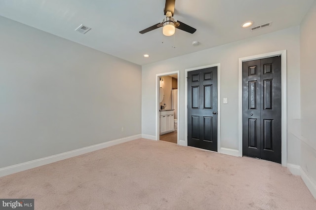 3540 Keswick Rd, Baltimore, MD 21211 - unfurnished bedroom featuring carpet floors, baseboards, recessed lighting, ensuite bathroom, and a ceiling fan