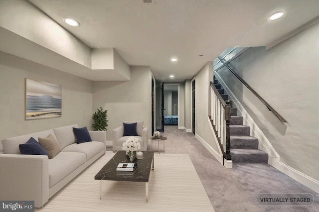3540 Keswick Rd, Baltimore, MD 21211 - carpeted living room featuring stairs, baseboards, and recessed lighting