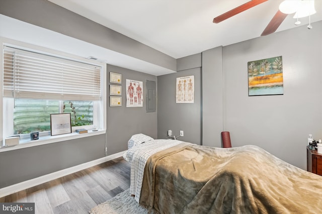 7306 Sudley Ave, Brandywine, MD 20613 - bedroom featuring wood finished floors, baseboards, electric panel, and a ceiling fan
