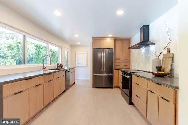 555 Hillcrest Ave, State College, PA 16803 - kitchen with appliances with stainless steel finishes, wall chimney range hood, light brown cabinetry, a sink, and dark countertops