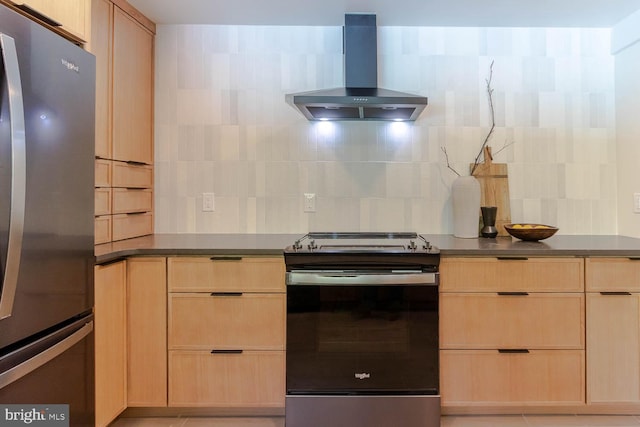 555 Hillcrest Ave, State College, PA 16803 - kitchen with appliances with stainless steel finishes, wall chimney range hood, light brown cabinets, and backsplash