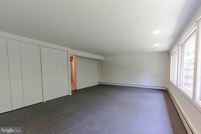 555 Hillcrest Ave, State College, PA 16803 - unfurnished bedroom with a baseboard radiator, baseboard heating, two closets, and recessed lighting
