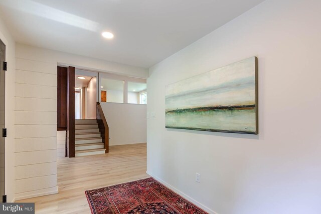 555 Hillcrest Ave, State College, PA 16803 - hall featuring wood finished floors, stairway, recessed lighting, and baseboards