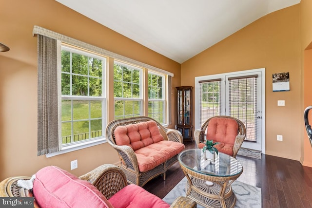 14302 Hidden Forest Dr, Accokeek, MD 20607 - living area with lofted ceiling, healthy amount of natural light, dark wood-type flooring, and baseboards