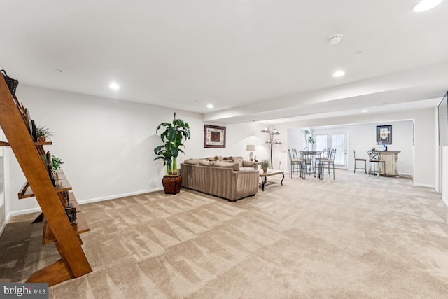 14302 Hidden Forest Dr, Accokeek, MD 20607 - living room featuring carpet, recessed lighting, baseboards, and stairway