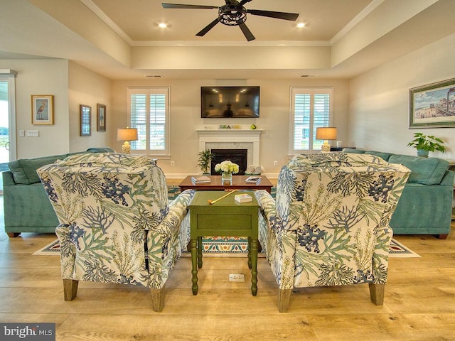 33016 Ethan Allen Dr, Rehoboth Beach, DE 19971 - living area featuring a tray ceiling, ornamental molding, light wood-style flooring, ceiling fan, and a fireplace