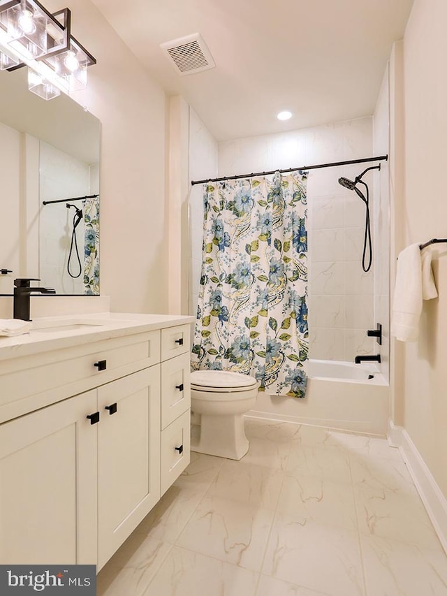 33016 Ethan Allen Dr, Rehoboth Beach, DE 19971 - bathroom featuring vanity, shower / tub combo, toilet, marble look tiles, and recessed lighting