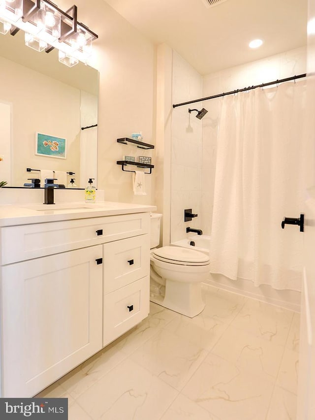 33016 Ethan Allen Dr, Rehoboth Beach, DE 19971 - bathroom featuring vanity, marble look tiles, shower / bathtub combination with curtain, toilet, and recessed lighting
