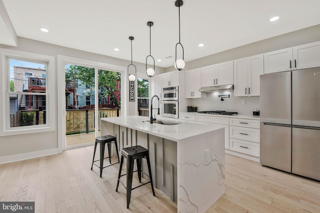1713 4th St NW, Washington, DC 20001 - kitchen featuring stainless steel appliances, under cabinet range hood, light wood-style flooring, a sink, and recessed lighting