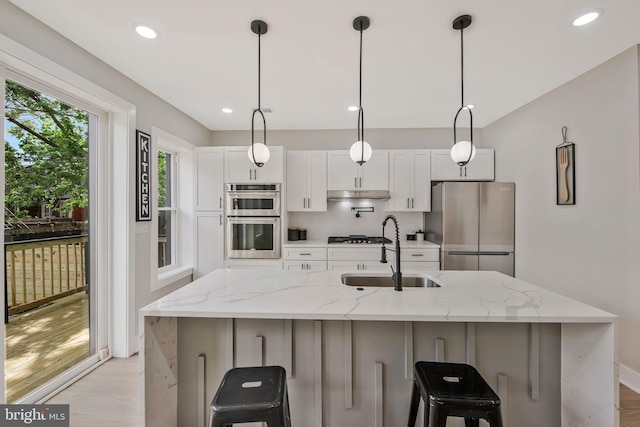 1713 4th St NW, Washington, DC 20001 - kitchen featuring a sink, stainless steel appliances, under cabinet range hood, white cabinets, and a breakfast bar