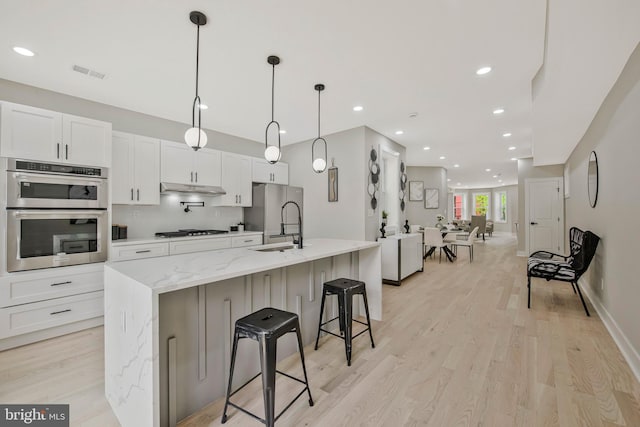1713 4th St NW, Washington, DC 20001 - kitchen featuring appliances with stainless steel finishes, under cabinet range hood, a sink, light wood-style flooring, and a kitchen island with sink