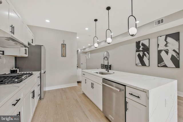 1713 4th St NW, Washington, DC 20001 - kitchen with appliances with stainless steel finishes, a sink, under cabinet range hood, light wood-type flooring, and white cabinetry