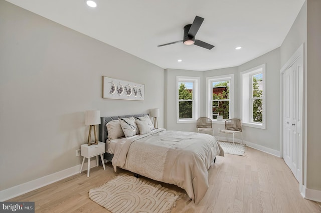 1713 4th St NW, Washington, DC 20001 - bedroom with baseboards, light wood-type flooring, recessed lighting, and a ceiling fan