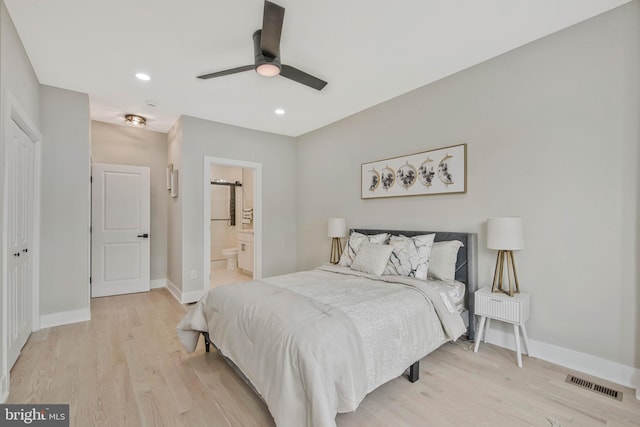 1713 4th St NW, Washington, DC 20001 - bedroom with light wood-type flooring, baseboards, recessed lighting, ensuite bath, and ceiling fan