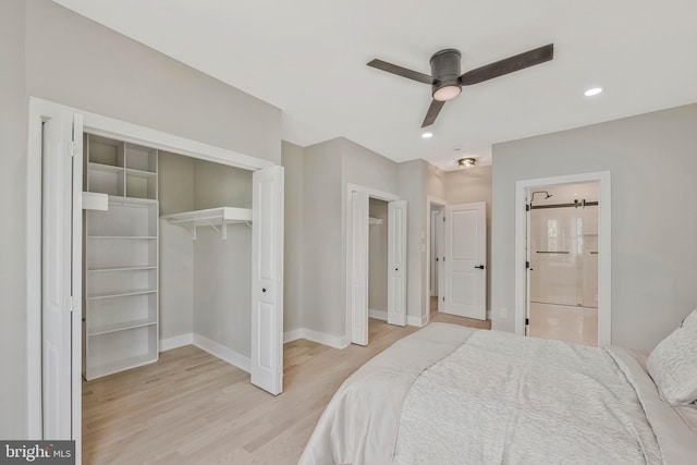 1713 4th St NW, Washington, DC 20001 - bedroom featuring wood finished floors, baseboards, ensuite bathroom, recessed lighting, and a ceiling fan