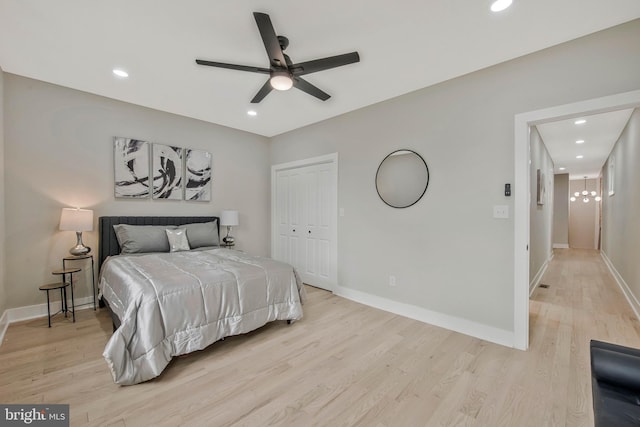 1713 4th St NW, Washington, DC 20001 - bedroom featuring light wood finished floors, baseboards, recessed lighting, a closet, and ceiling fan