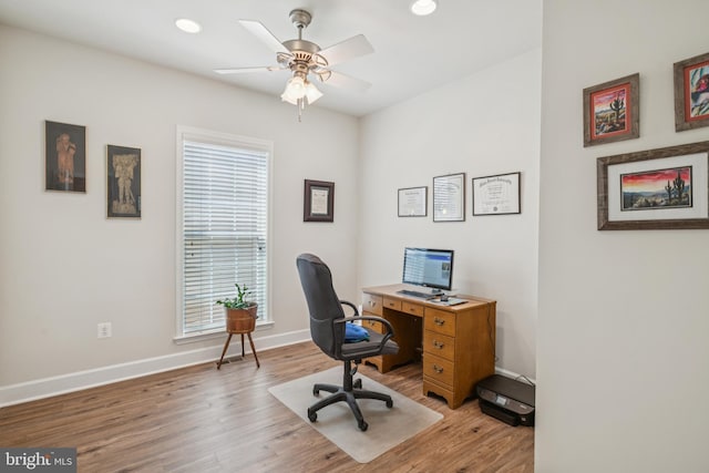 9 Brant Ct, Fredericksburg, VA 22406 - home office with ceiling fan, light wood-type flooring, healthy amount of natural light, baseboards, and recessed lighting