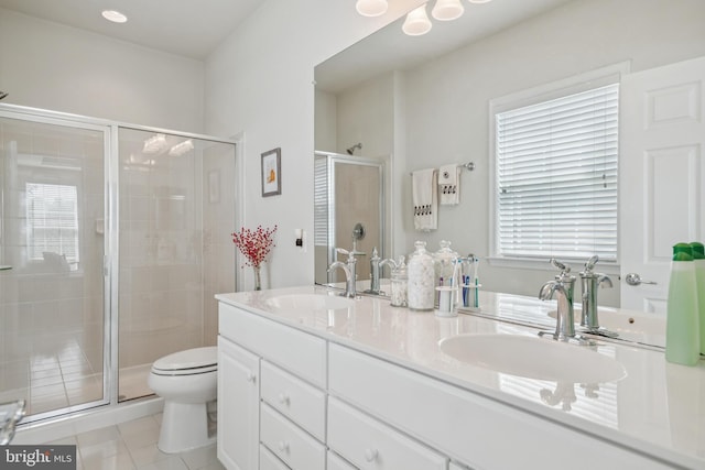 9 Brant Ct, Fredericksburg, VA 22406 - bathroom featuring toilet, double vanity, a stall shower, and tile patterned flooring