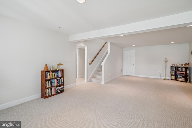 9 Brant Ct, Fredericksburg, VA 22406 - finished below grade area featuring stairs, carpet, baseboards, and recessed lighting