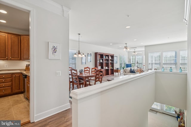 9 Brant Ct, Fredericksburg, VA 22406 - kitchen featuring brown cabinetry, recessed lighting, light countertops, baseboards, and ceiling fan
