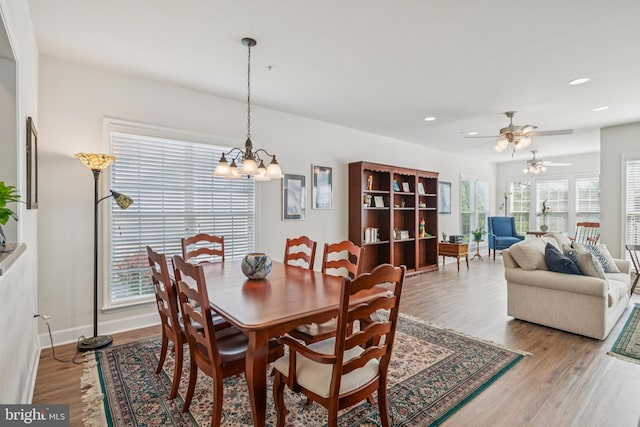 9 Brant Ct, Fredericksburg, VA 22406 - dining space featuring a chandelier, wood finished floors, a ceiling fan, recessed lighting, and baseboards